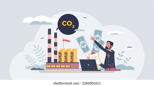 Carbon tax payment as factory CO2 gas emissions charge tiny person concept. Polluted air damage pricing for greenhouse gases emitting reduction vector illustration. Pay money for fossil fuel burning.