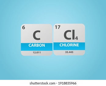 Carbon Tetrachlorate CCl4 molecule. Simple molecular formula consisting of Carbon, Chlorine ,  elements. Chemical compound simplified structure on blue background, for chemistry education 