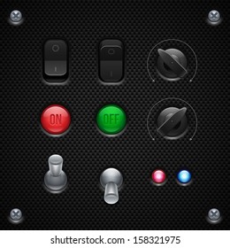 Carbon UI Application Software Controls Set. Switcher, Button, Knobs, Lamps. Web Design Elements. Vector User Interface EPS10 