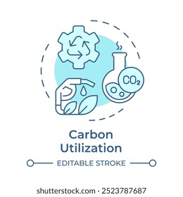 Ícone de conceito azul flexível de utilização de carbono. Reprocessamento de gases de efeito estufa, filtração. Ilustração de linha de forma redonda. Ideia abstrata. Design gráfico. Apresentação infográfica e fácil de usar