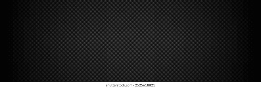 Carbon wide background. Black fiber texture with soft light. Dark metal surface with cells. Industrial plate template. Futuristic steel sheet. Modern technology wallpaper. Vector illustration.