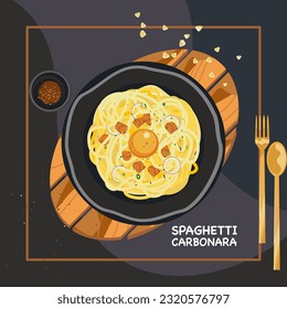 Carbonara pasta with parmesan and egg yolks on a black plate with condiments, spoon, and fork, dark light wood background.