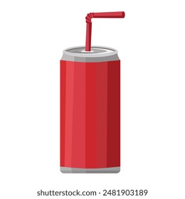 Carbonated beverage in a tin can . A red soda can with a red tube. Vector illustration. Isolated. 