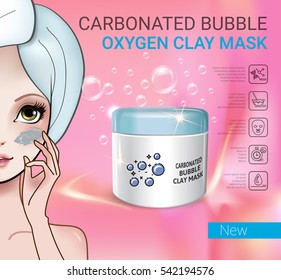 Carbonated Bubble Clay facial Mask ads. Vector Illustration with Manga style girl and carbonated bubble oxygen mask container.