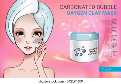 Carbonated Bubble Clay facial Mask ads. Vector Illustration with Manga style girl and carbonated bubble oxygen mask container.