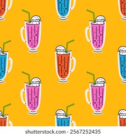 Carbonated Drink with straw seamless pattern. Fizzy soda glass mug with ice cream. Colorful lemonade beverage background. Repeat vector illustration