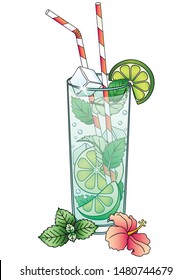 Carbonated drink in a tall glass glass - mojito with lime and mint leaves. A glass with a summer drink and drinking straws decorated with mint leaves, a slice of lime and a hibiscus flower. oxygen