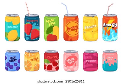 Bebidas carbonatadas en latas de aluminio. Aguas dulces y coloreadas para la gente sedienta. Ilustración del vector