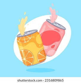 Bebidas carbonatadas en latas de aluminio. Aguas dulces y coloreadas para la gente sedienta. Ilustración del vector