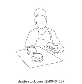 Bebidas carbonatadas y sándwiches. Cajero vendedor de un restaurante en un café de comida rápida de la calle en el trabajo. Bebidas y comidas. Una línea de dibujo continuo logotipo de una sola mano dibujado arte doodle aislado mínimo