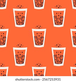 Carbonated Soda Drink with Ice cube Seamless Pattern. Minimal beverage background with refreshment fizzy lemonade in glass. Vibrant Juicy orange color. Repeat vector illustration