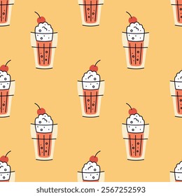 Carbonated Soda Drink Seamless Pattern. Retro refreshment bubbly beverage cocktail lemonade in glass decorated with whipped cream and cherry. Repeat vintage vector illustration