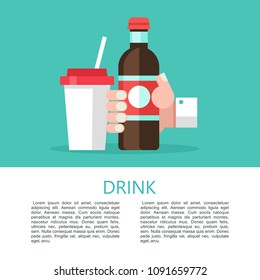 Carbonated soft drink in hand. Vector illustration in flat style.