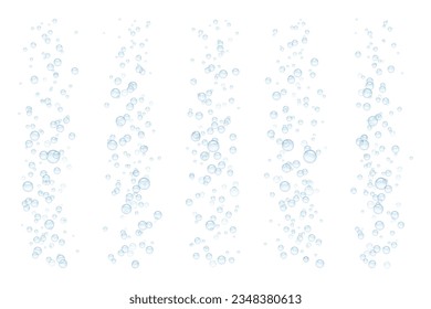 Agua espumosa carbonatada, refresco o burbujas de champán. Soda efervescente o disolución de fármacos. Vector abstracto 3d de flujo de ventilación azul realista