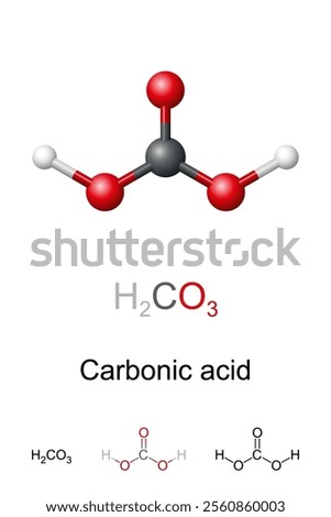 Carbonic acid, H2CO3, molecule model and chemical structure. Ball-and-stick model of a compound that converts rapidly to water and carbon dioxide in the presence of water. It is used in soft drinks.