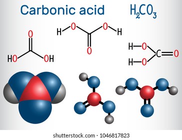 Carbonic acid (H2CO3) molecule .  It is also solution of carbon dioxide in water (carbonated water). Structural chemical formula and molecule model. Vector illustration