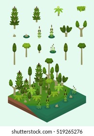 Carboniferous era plants set for video game-type isometric  swamp scene. Simplified plants included ferns, horsetails (Equisetum), the extinct Calamites, and prehistoric Sigillaria tree.