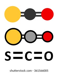 Carbonylsulfide (COS) molecule. Foul smelling gas, naturally present in the atmosphere and in cheese, cabbage, etc. Stylized 2D renderings and conventional skeletal formula. 