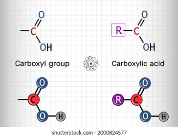 Carboxyl (carboxy) group, carboxylic acid. Сarboxylic acid contains carboxyl group  attached to an R-group. Sheet of paper in a cage.Vector illustration