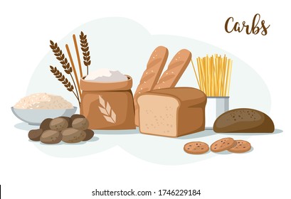Carbs Food: bakery products, potatoes, pasta, flour and rice isolated on white. 
