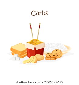 Carbs food. Bakery products, potatoes, pasta, sugar, cookies and rice. Healthy nutrition and wholesome products. Vector illustration in trendy flat style isolated on white background.