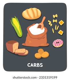 Carbs food group with flour bread set sticker. Corn, potatoes, pasta, bread loaf, donut bakery carbohydrate products. Healthy nutrition energy category, natural diet flat vector illustration