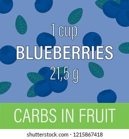 Carbs in fruit. Blueberry. Card for nutritionist. Designation of the amount of carbohydrates in grams. Vector