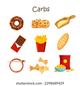 Carbs vector food icon. Bakery products, potatoes, rice, pasta, groats, macaroni, cookies, chocolate, fastfood. Healthy nutrition and wholesome products.