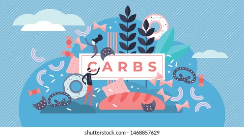 Ilustración vectorial de los carbohidratos. Concepto de personas pequeñas, planas, azucareras y trigo. Nutrición malsana con alta energía, colesterol y glucosa. Una dieta sabrosa y deliciosa para ganar peso con aperitivos y basura.