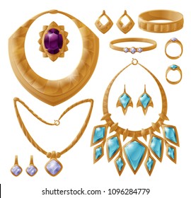 Carcanet and bracelet set, gold jewelry with stones, massive brooch, necklace and chain, ring accessories collection isolated on vector illustration