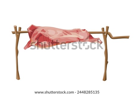 Carcass of animal on spit. Beef on fire. Roasting a whole bull on coals. Vector illustration isolated on a white background
