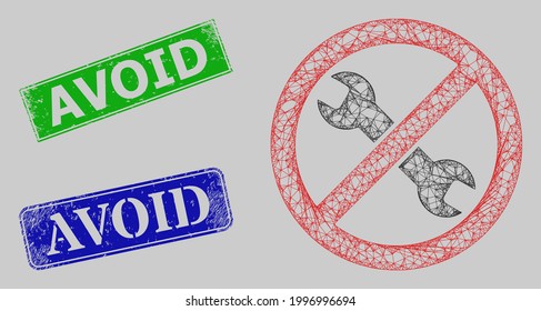 Carcass crossing mesh avoid repair model, and Avoid blue and green rectangle textured seals. Frame net mesh symbol designed with avoid repair icon. Stamp seals have Avoid tag inside rectangle form.