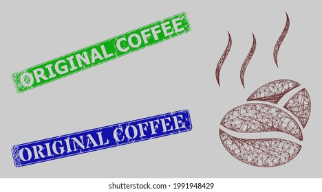 Carcass crossing mesh cacao aroma model, and Original Coffee blue and green rectangular corroded stamp seals. Carcass net mesh image is created from cacao aroma pictogram.