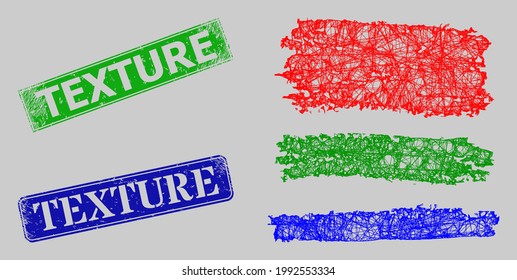 Carcass Kreuzung Maschen farbige Holzkohle Textur Streifen Modell, und Textur blau und grün rechteckige Schmutzsiegel. Maschen-Maschen aus Carcassennetz, das aus dem farbigen Stripsymbol für Holzkohle-Textur hergestellt wurde.