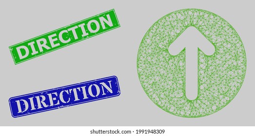 Schlachtkörper, die das Richtungsmodell nach oben durchkreuzen, und die nach unten gerichteten, blauen und grünen Rechteck strukturierten Stempeldichtungen. Das Symbol für die Maschenmaschen ist mit einem Piktogramm für die Aufwärtsrichtung konstruiert.