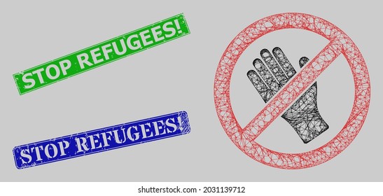 Los cadáveres que cruzan la malla no tocan el modelo, y Detengan la exclamación de los refugiados. sellos impuros de sello de rectángulo azul y verde. Símbolo de malla neta de la canal basado en no tocar el pictograma.