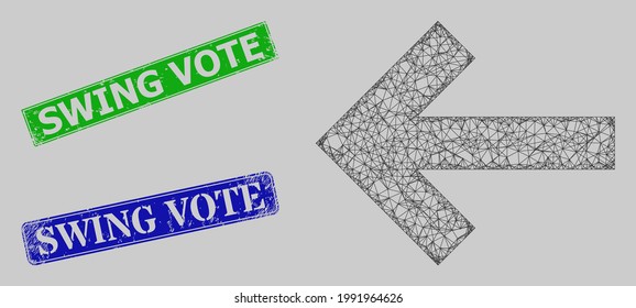 Carcass crossing mesh left direction arrow model, and Swing Vote blue and green rectangular rubber seal prints. Frame net mesh illustration is created from left direction arrow pictogram.