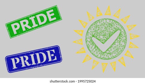 Carcass crossing mesh push yes model, and Pride blue and green rectangle scratched badges. Carcass net mesh symbol based on push yes icon. Stamps contain Pride text inside rectangle shape.