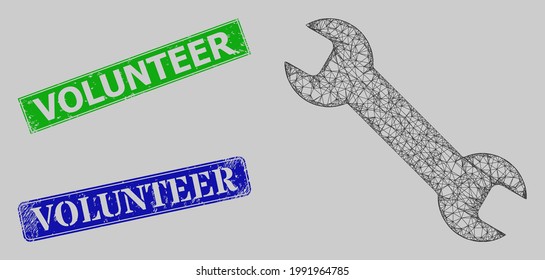 Carcass crossing mesh spanner tool model, and Volunteer blue and green rectangular textured seals. Carcass net image created from spanner tool pictogram.