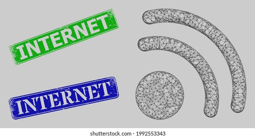 Carcass crossing mesh wireless internet point model, and Internet blue and green rectangle unclean stamp seals. Carcass net illustration is created from wireless internet point icon.