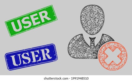 Carcass crossing mesh wrong user model, and User blue and green rectangle unclean seals. Carcass net mesh image is based on wrong user pictogram. Stamps contain User caption inside rectangle frame.
