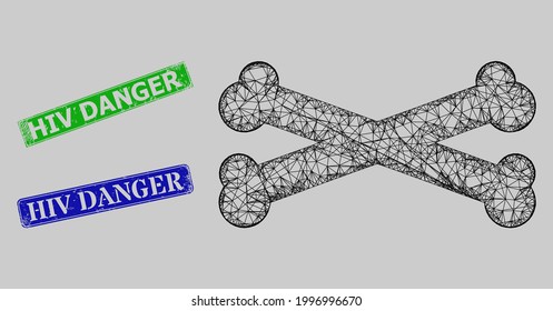 Carcass hatched mesh bones model, and HIV Danger blue and green rectangle textured stamps. Frame net image based on bones pictogram. Stamps have HIV Danger text inside rectangle frame.