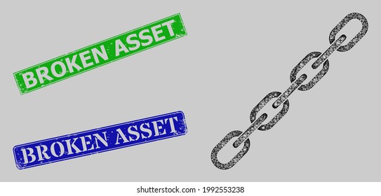 Carcass hatched mesh chain model, and Broken Asset blue and green rectangular dirty stamp seals. Carcass net image is based on chain icon. Stamp seals have Broken Asset text inside rectangle frame.