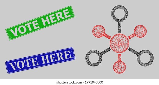 Carcass hatched mesh internet nodes model, and Vote Here blue and green rectangle dirty stamp seals. Carcass net mesh image is designed with internet nodes icon.