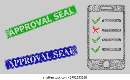 Carcass hatched mesh mobile check list model, and Approval Seal blue and green rectangular dirty stamp seals. Frame net mesh symbol created from mobile check list icon.