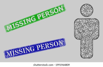 Carcass hatched mesh person model, and Missing Person blue and green rectangle grunge badges. Carcass net mesh symbol created from person icon.