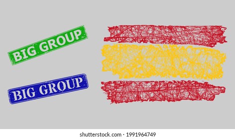 Máscara de malla rayada modelo de bandera de España y precintos corroídos del Gran Grupo azul y verde. Ilustración de red de canales creada a partir del icono de bandera de España.