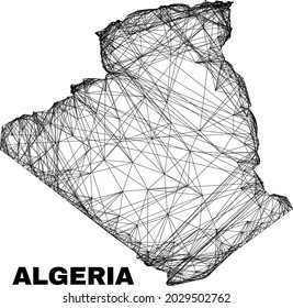 carcass irregular mesh Algeria map. Abstract lines are combined into Algeria map. Wire carcass 2D net in vector format. Vector structure is created for Algeria map using intersected random lines.