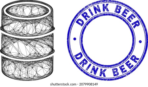 Icono irregular del barril de malla de la canal y sello redondo rayado de cerveza de bebida. Líneas abstractas del objeto de barril. El sello azul incluye la leyenda de la cerveza Drink dentro de forma redonda.