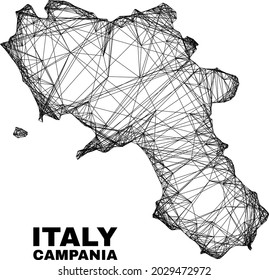 carcass irregular mesh Campania region map. Abstract lines form Campania region map. Wire carcass flat net in vector format.